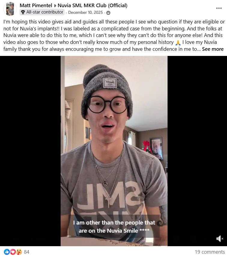 A Screenshot of a facebook post of a man reviewing Nuvia Dental Implants