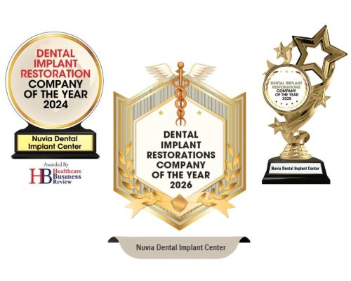 Healthcare Business Review Award Logos for 2024, 2025, and 2026 to dental implant restoration company of the year awards to Nuvia