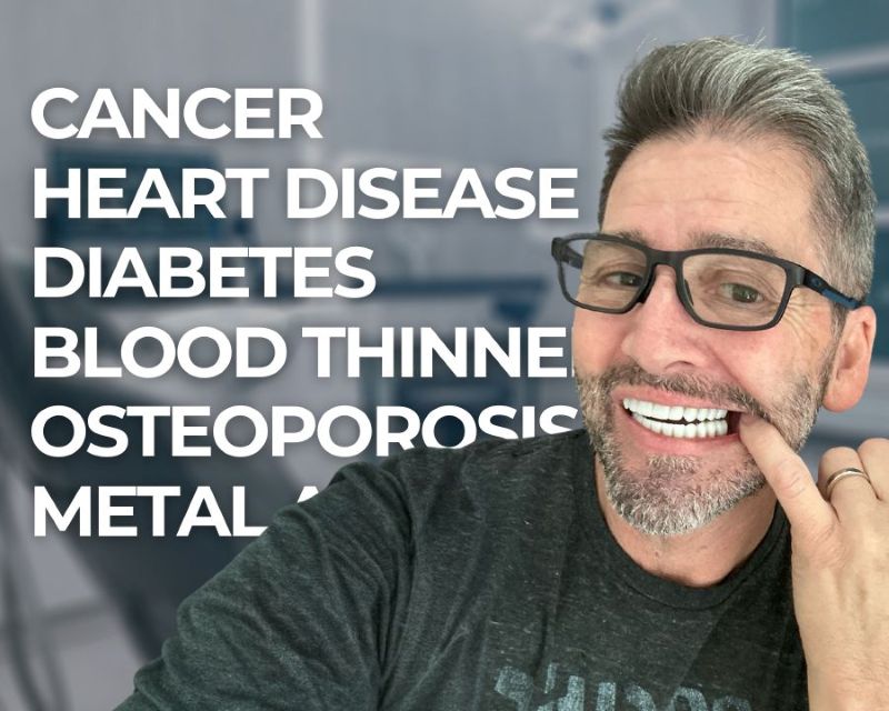 Man showing his new Nuvia teeth with different health conditions being listed behind him