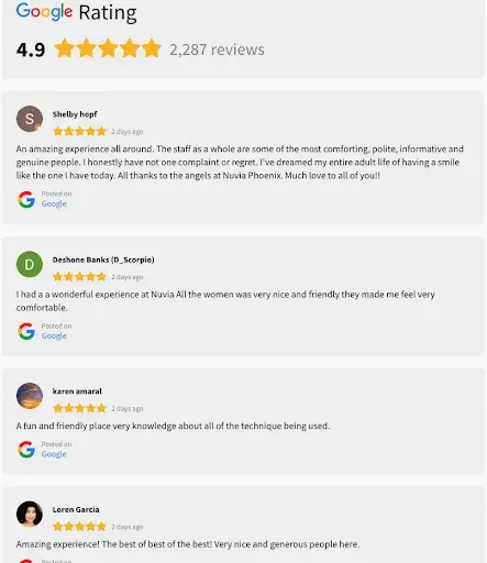 Screenshot of Google reviews about nuvia dental implant center