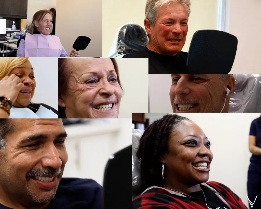 College of dental implant patients seeing their smile for the first time. 