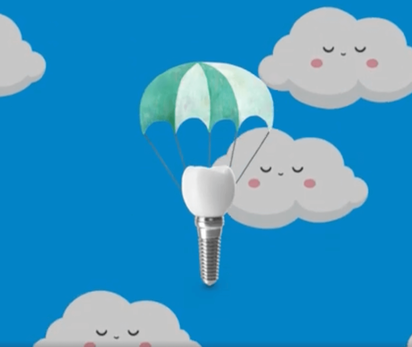 A single dental implant floating in the sky with a parachute