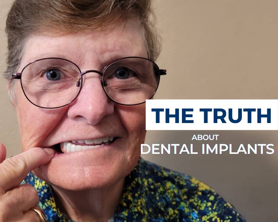 Woman showing her dental implants next to text that says the truth about dental implants