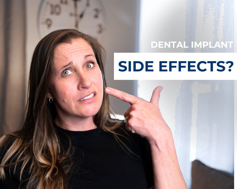 Years later Michelle points to her teeth with text that says "dental implant side effects"
