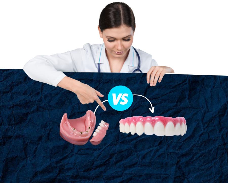 Nurse pointing to snap-in dentures vs permanent teeth implants
