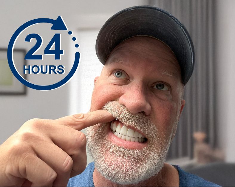 Man pulling up his lip to show his full set of dental implants