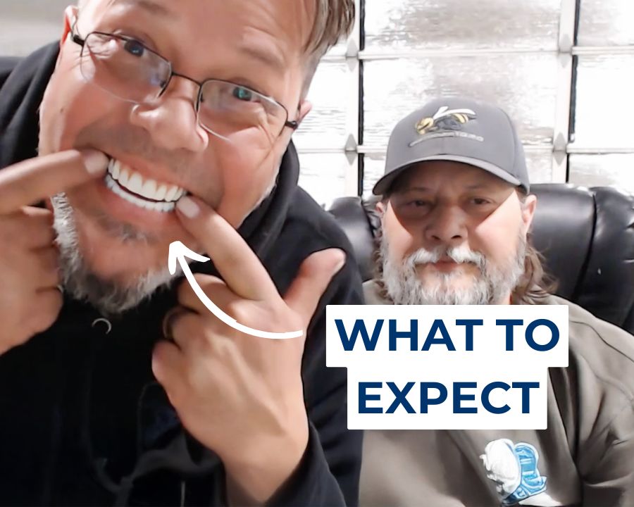 Man pointing to his teeth next to text that says "what to expect" alluding to after dental implant surgery