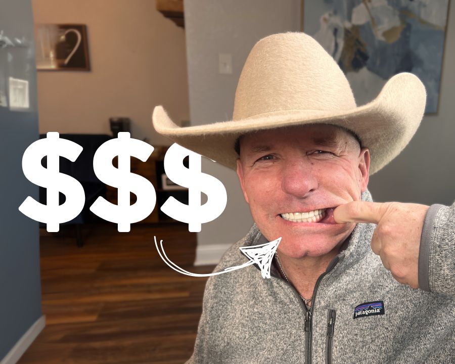 Man pulling back lip to show his new teeth next to dollar signs