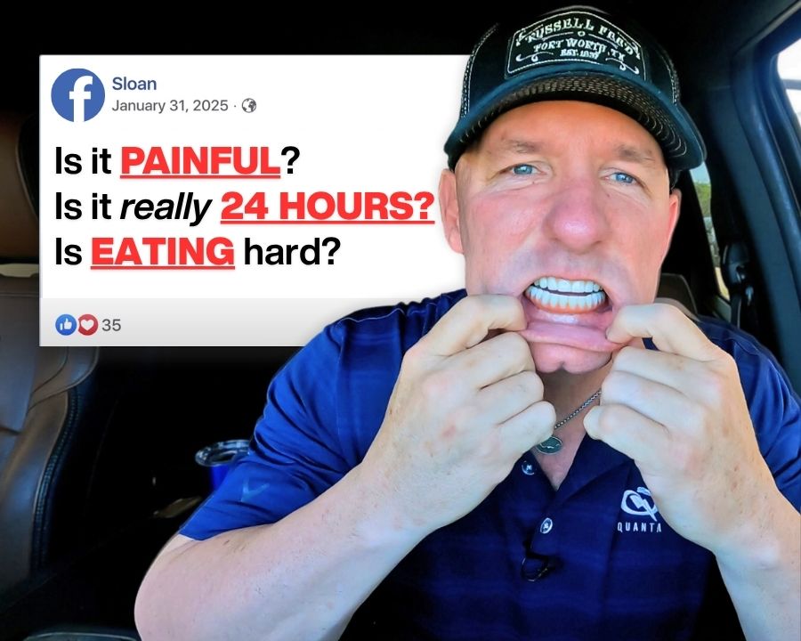 Ricky pulling down lip to show dental implants with facebook questions in the background