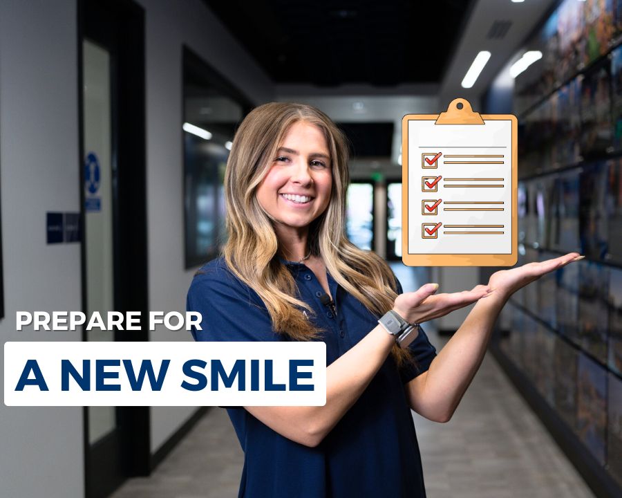 Smiling woman holds up a checklist for how to prepare for dental implant surgery