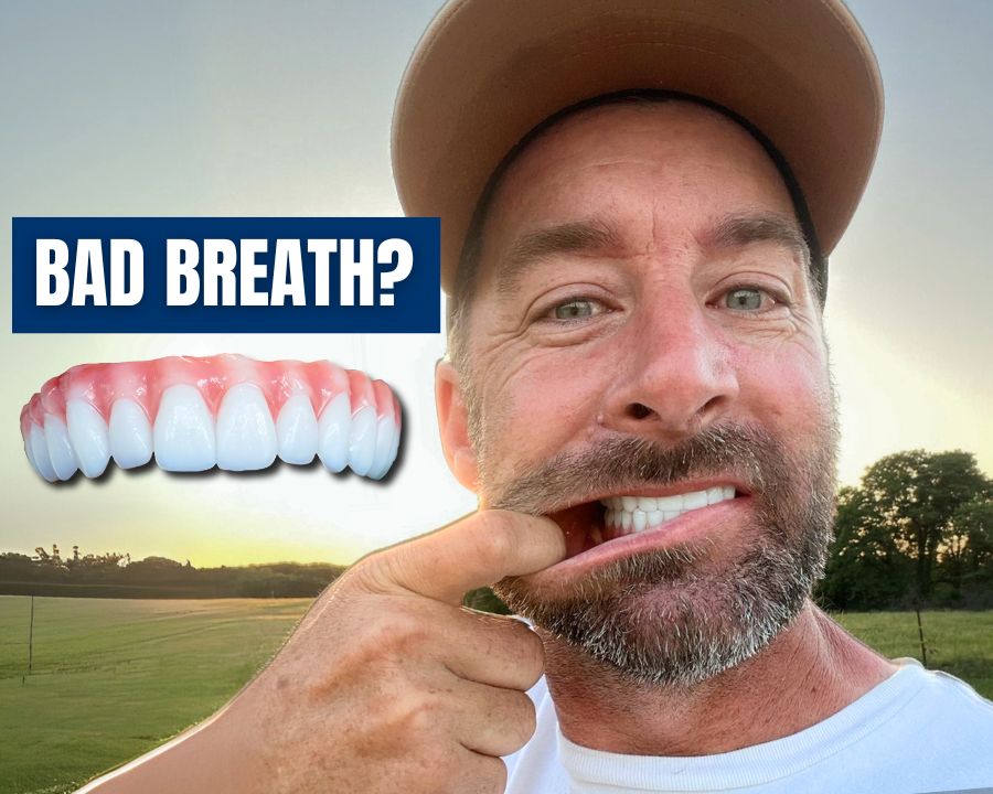 Man pulling lip down to show gums next to a set of fake teeth