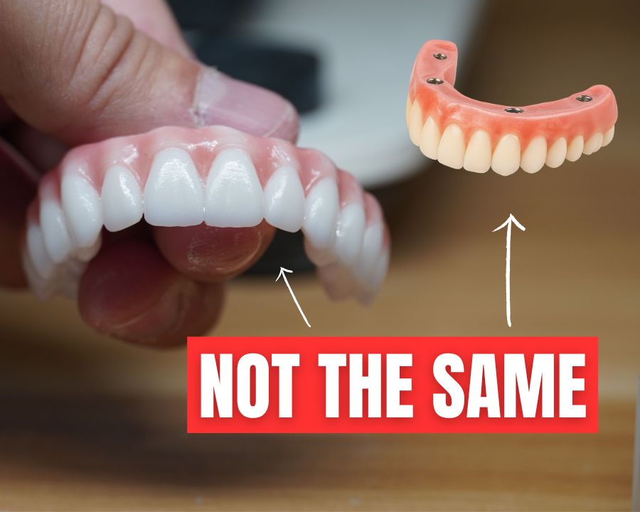 A set of permanent zirconia teeth next to some temps with text that says "not the same"