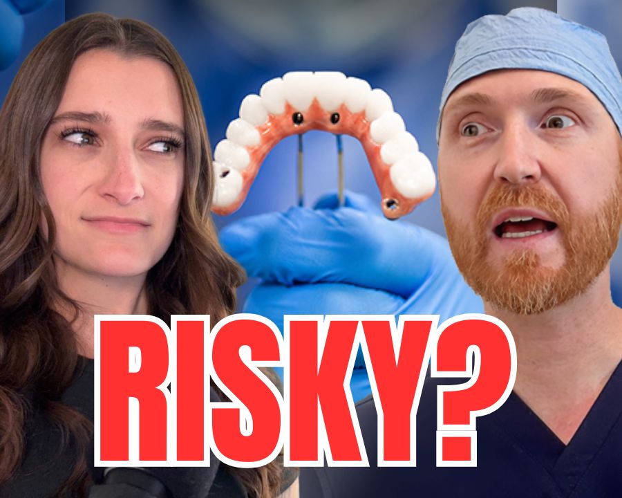 Emily and Dr Weber speaking with a background of permanent teeth in 24 hours with text overlaid that says "RIsky?"