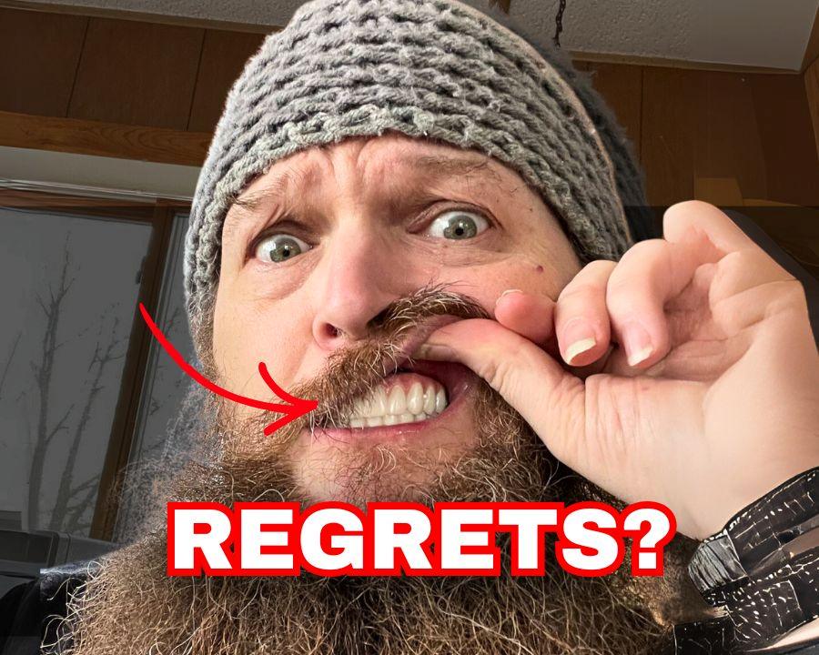 Ken pulling back lip to show his dental implants and permanent teeth with text that says "Regrets?"