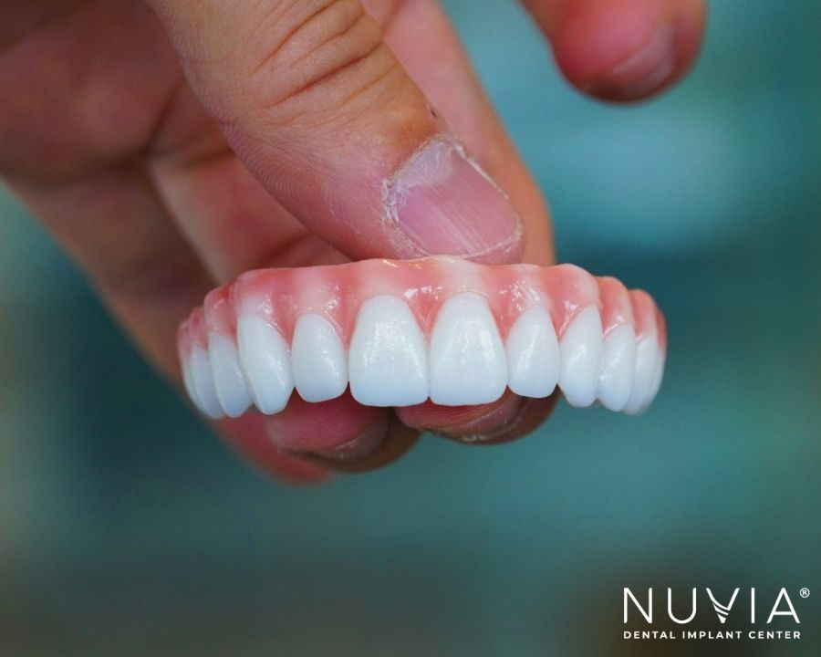 Close up of a zet of zirconia teeth from Nuvia